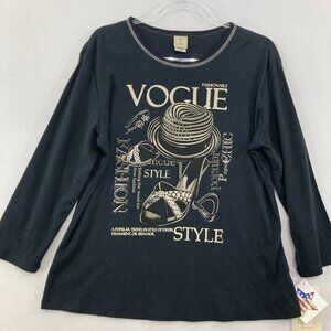 New Jess & Jane Large Tan Graphic Novelty Artsy Stretch Knit Top Festival Boho